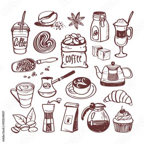Coffee hand drawn vector illustrations. Vector set with coffee icons