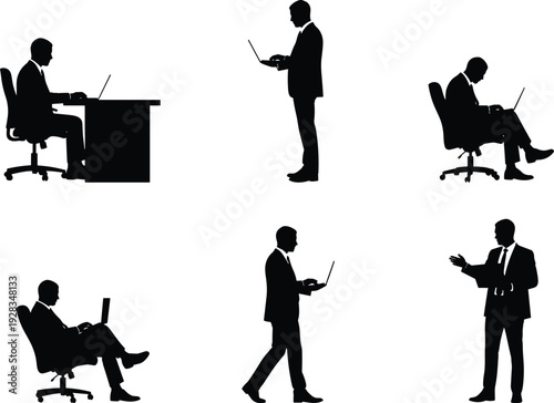 Comprehensive silhouette icon set featuring logistics delivery industrial automation robotic arms business strategy data analytics cybersecurity digital payment symbols