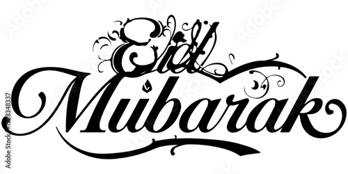 Eid mubarak calligraphy text design, elegant black script for islamic holiday greeting card and celebration poster isolated on white background. 