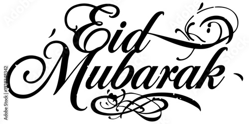 Eid mubarak calligraphy text design, elegant black script for islamic holiday greeting card and celebration poster isolated on white background. 