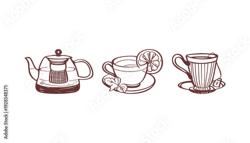 Tea hand drawn vector illustrations. Vector set with tea icons