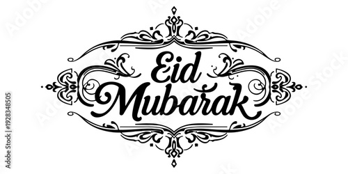 Eid mubarak calligraphy text design, elegant black script for islamic holiday greeting card and celebration poster isolated on white background. 