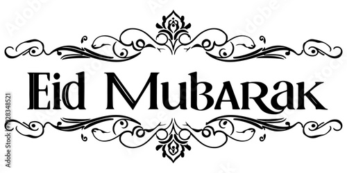Eid mubarak calligraphy text design, elegant black script for islamic holiday greeting card and celebration poster isolated on white background. 