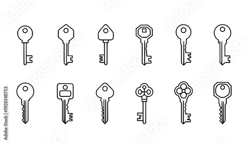 Minimal line art key icon set in four row layout isolated on white