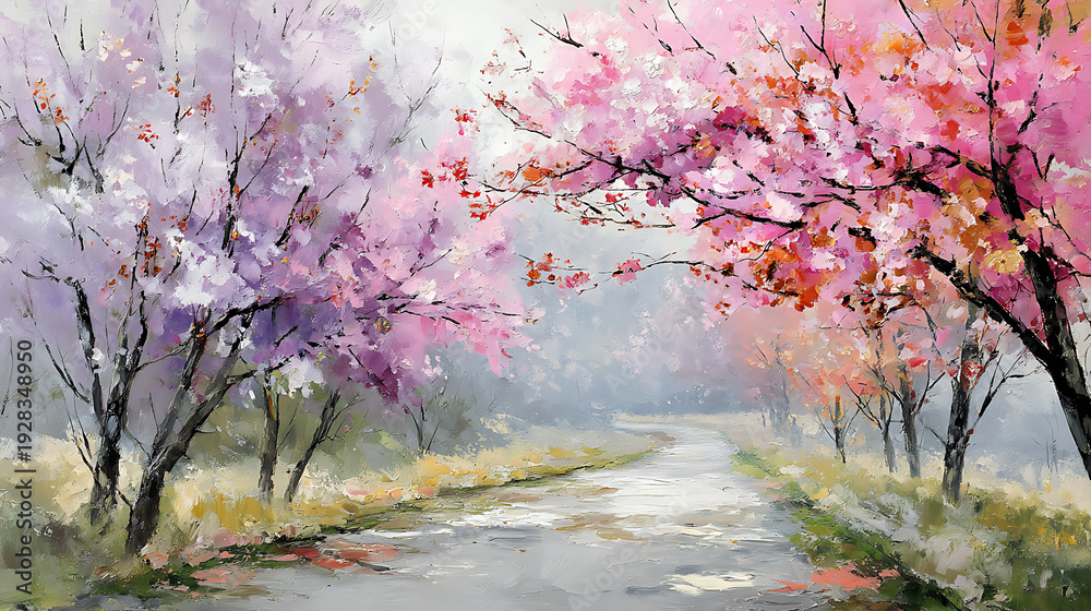 Fototapeta premium vintage oil painting of a countryside view with a path lined by blooming cherry trees, realistic muted tones, moody art peaceful , beautiful 