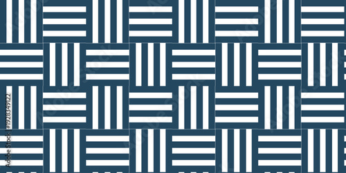 Minimal line Seamless geometric pattern with shapes. Decoration and maze ornament square overlap blue and white stripes wall tile.	