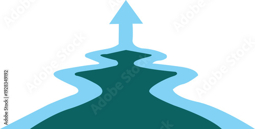 Abstract layered green and blue winding path leading to upward pointing arrow tip