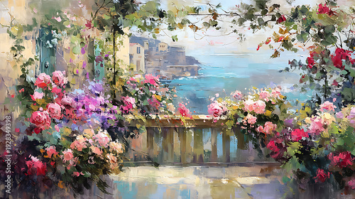 intage oil painting of a garden terrace with blooming peonies and a view of the sea, realistic muted tones, moody art peaceful , beautiful 
