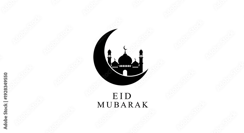 Fototapeta premium Black and white eid mubarak logo with mosque silhouette inside crescent moon shape