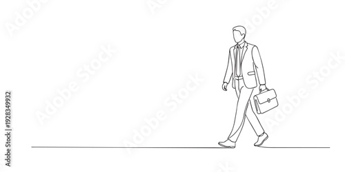 One line drawing of a businessman walking with a briefcase. Hand drawn continuous line expressing confidence, professionalism, progress, and modern career life.