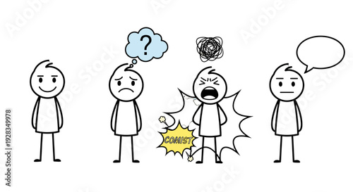 Four stick figures expressing different emotions and reactions.
