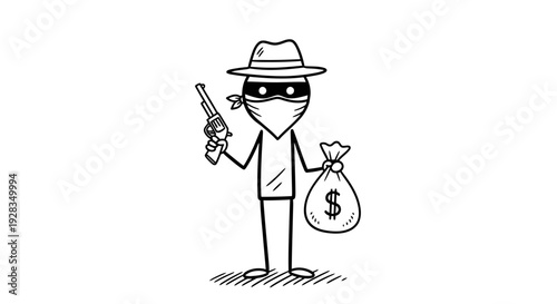 Cartoon masked thief holding gun and money bag.