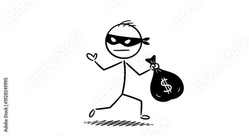 A cartoon stick figure character wearing a mask and carrying a money bag.