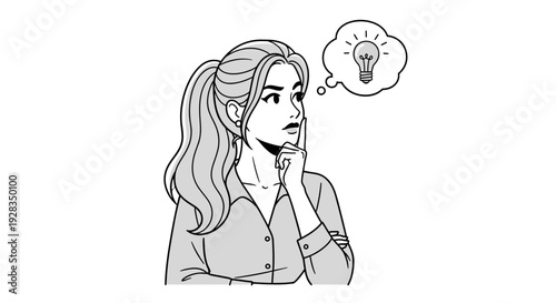 Woman thinking with a lightbulb thought bubble.