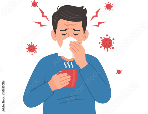 Sick man blows his nose into a tissue while holding a hot beverage during a viral infection outbreak.