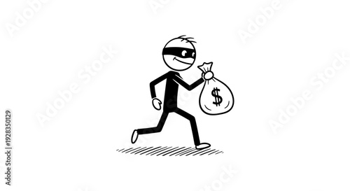 Cartoon thief running with stolen money bag.