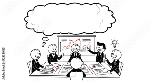 Business meeting with brainstorming session and thought bubbles.