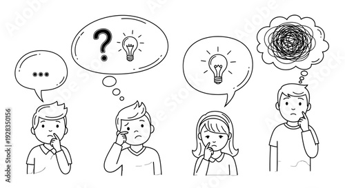 Four people thinking with thought bubbles containing question mark and light bulbs.