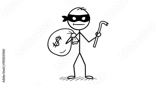 Simple black and white drawing of a cartoon burglar with a sack of money.