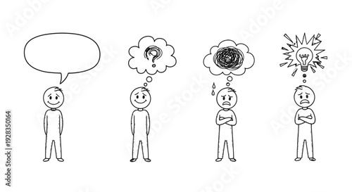 Simple stick figure drawings showing thought process and idea generation.