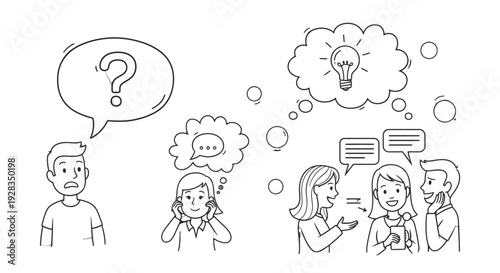 Group discussion and brainstorming with thought bubbles and speech bubbles.