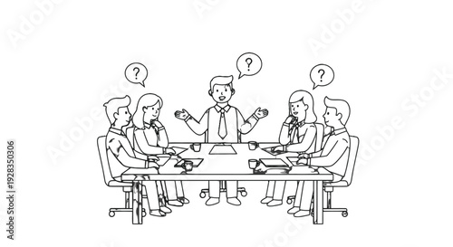 Group of people in a meeting with confused expressions.