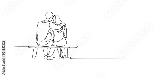 One line drawing of a couple sitting on a bench and embracing. Hand drawn continuous line expressing love, intimacy, comfort, and emotional connection.