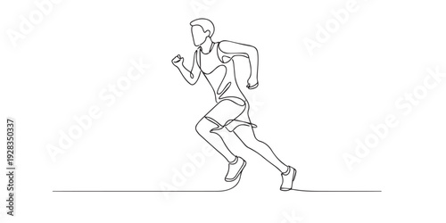 One line drawing of a man running forward. Hand drawn continuous line expressing speed, strength, determination, energy, and active lifestyle.