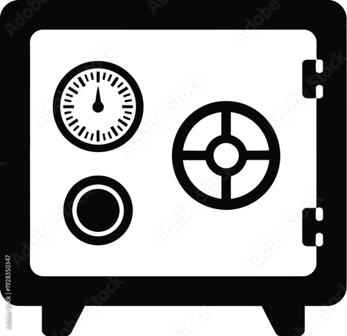 Black silhouette icon shows a sturdy safe with a combination dial and locking wheel for securing valuables.