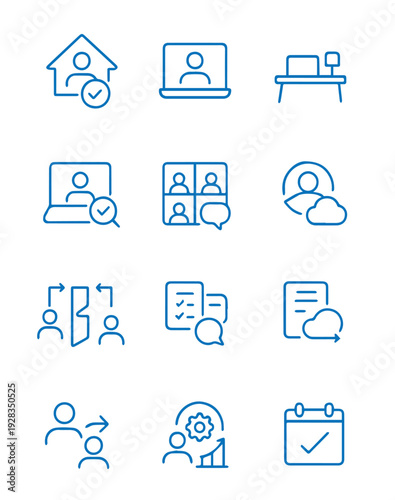Remote Work and Office Black Line Icons Set, Work From Home Outline Vector