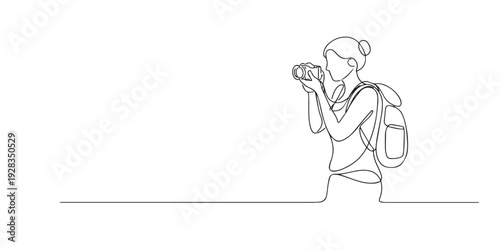 One line drawing of a female tourist carrying a backpack and camera. Hand drawn continuous line expressing adventure, curiosity, freedom, and joyful exploration.