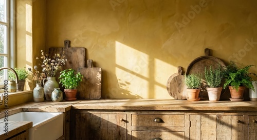 modern kitchen interior with sink and clear table with wooden cutting boards and mustard yellow wall with copy space
