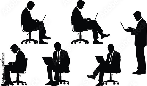 Black silhouettes of business people in suits communicating on phones shaking hands and using digital tablets isolated on white background for professional corporate concepts