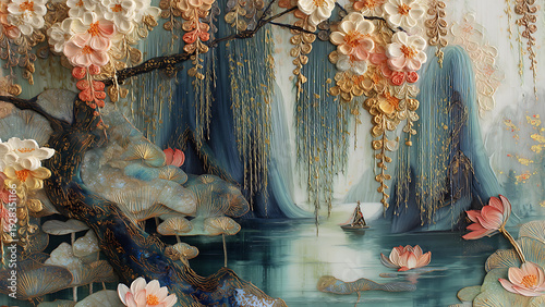 vintage oil painting of a serene lake surrounded by weeping willows in full bloom, realistic muted tones, moody art