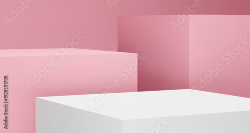 Abstract red room, background for product presentation with 3d render white podium. Empty stand, pedestal for cosmetic product showcase. Vector illustration for business, sale, advertising