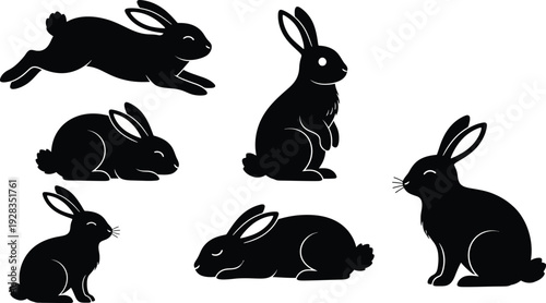 Rabbit silhouettes in various dynamic poses showcase the agility and typical behaviors of these small, furry mammals.