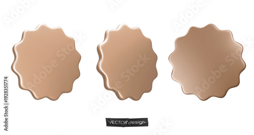 Set golden sticker, badge mockup. Blank labels of gold circle shapes with wavy edge. Vector isolated on white. Copy space. Stickers or patches for preview tags, labels, design, presentation, adv