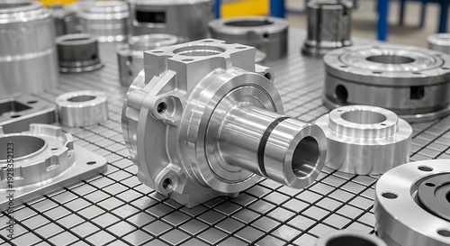 Close-up of various machined metallic parts on a table, showcasing precision engineering