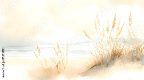 Tranquil coastal watercolor illustration gentle sea oats on sandy dunes serene pastel seascape