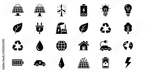 eco friendly and sustainable living icon set.