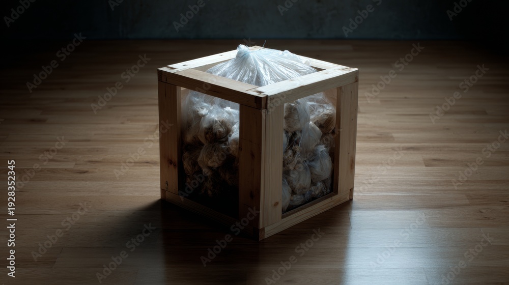 Fototapeta premium Wooden cube lantern with fabric top in dramatic empty room