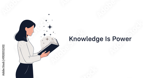 Woman reading book with knowledge is power text