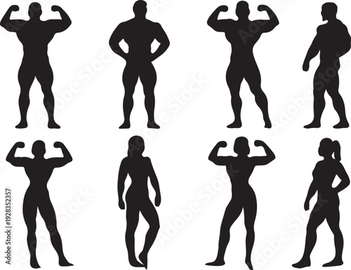 Fit men and women bodybuilders showcasing muscular physiques male female silhouette vector