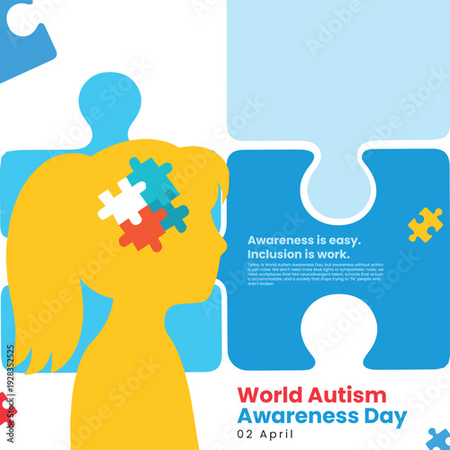 World Autism Awareness Day vector illustration with a yellow child silhouette, blue puzzle pieces, and text on a white background