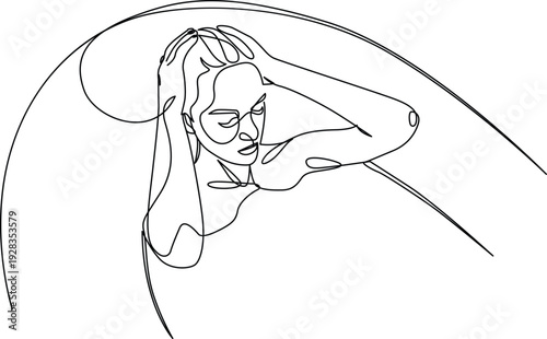 A serene woman relaxing in a cozy, curved, and cushioned chair. Vector