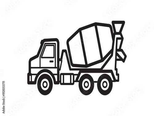 A black and white line drawing of a cement mixer truck