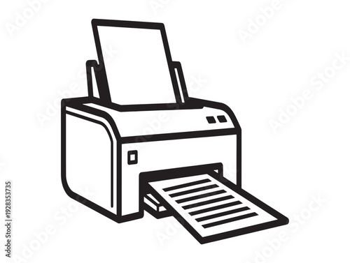 A black and white illustration of a printer with a sheet of paper emerging