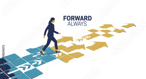 Businessman walking forward on arrows