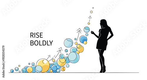 Business woman with rising arrows and spheres