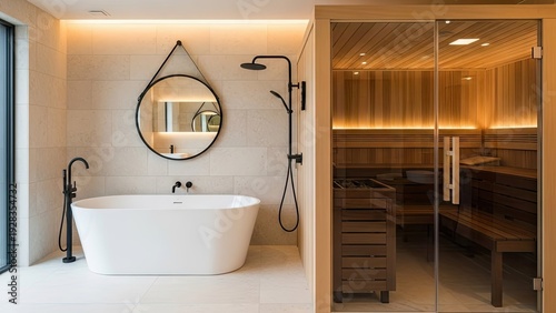 A modern bathroom with a freestanding tub and a sauna room